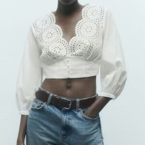 Zara White Eyelet Crop Puff Sleeve Small NWOT